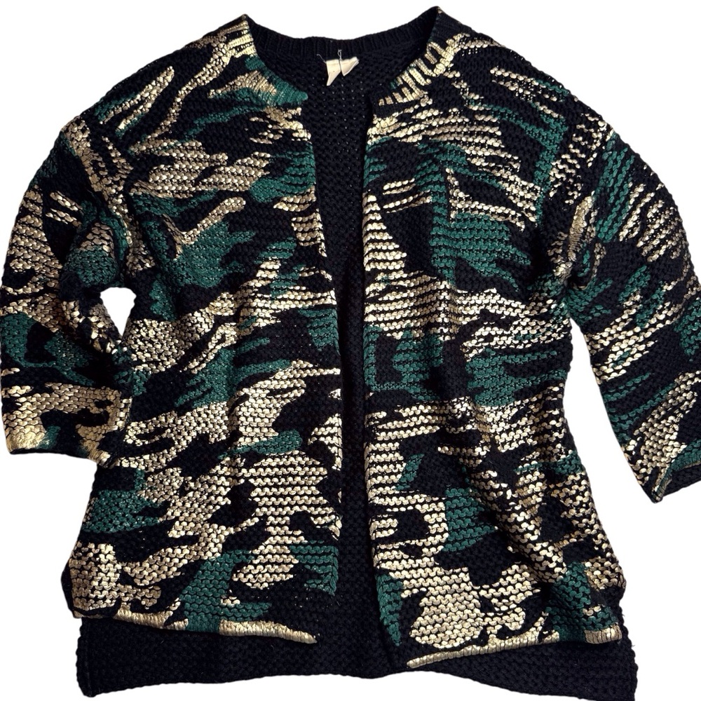 Anthropologie Moth Bari Foil-Print Metallic Camouflage Open Cardigan Sweater